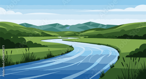 A winding river flows through green, rolling hills under a cloudy sky