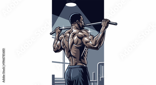 Muscular man performing pull-ups under spotlight in a gym