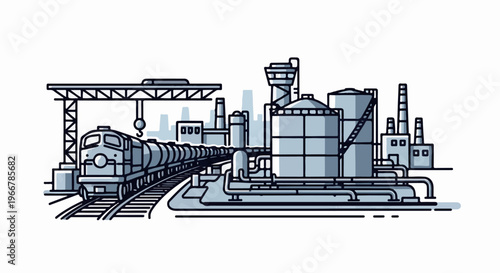 Train arriving at industrial complex with tanks, pipes, and smokestacks