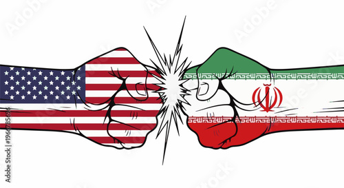 Two opposing fists, one with the US flag, one with the Iranian flag, collide