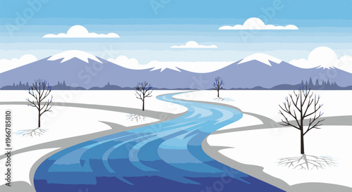 A stylized winter landscape with snow-covered mountains and a winding blue river