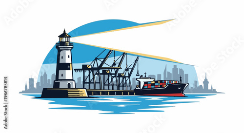 A stylized illustration depicts a coastal scene with a lighthouse, cargo ship, and cranes