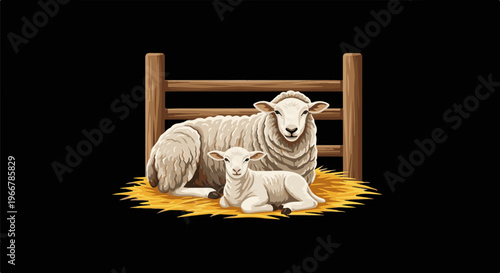 Mother and baby sheep rest on hay behind a wooden fence