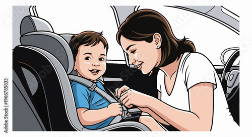 Mother securing child in car seat, smiling, inside vehicle