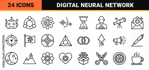 Artificial Intelligence and Machine Learning Line Art - Minimalist Monoline Geometric Symbols for Digital Transformation and Data Science