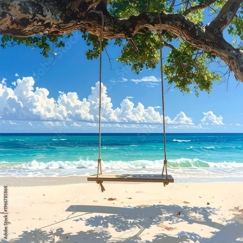 A serene beach scene with a wooden swing hanging from a tree branch
