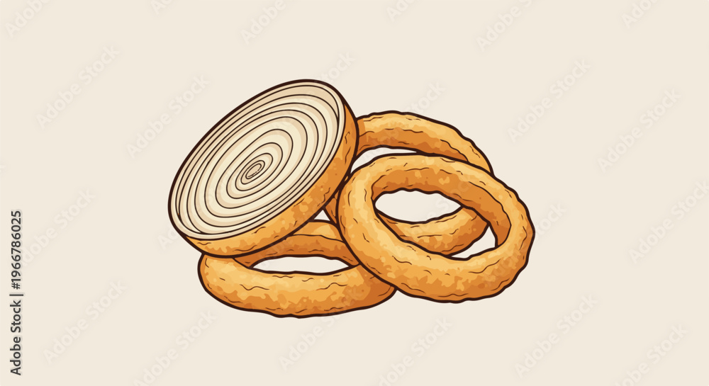 Fototapeta premium A pile of golden-brown, crispy onion rings and a cross-section of an onion