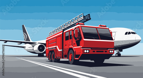 Red airport fire engine parked by a large commercial airplane on runway