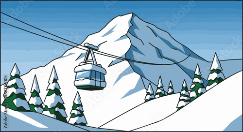 Snowy mountain peak with a cable car ascending snowy slopes and trees