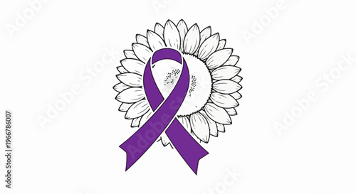 Purple ribbon tied around a sketched sunflower
