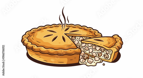 A golden-brown savory pie, sliced open to reveal chunks of meat and mushrooms