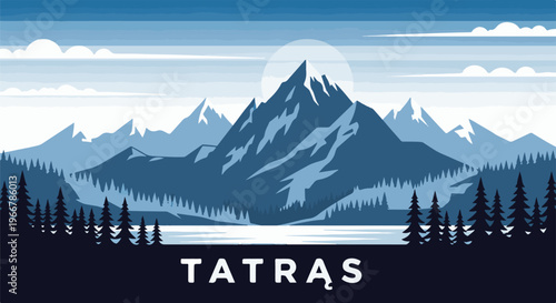 Snowy mountain range with coniferous trees and a lake at dawn