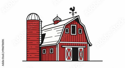 Red barn and silo with white roof and weather vane on top
