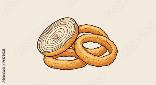 A pile of golden-brown, crispy onion rings and a cross-section of an onion