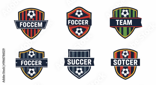 Collection of stylized soccer team emblems with varying text and color schemes