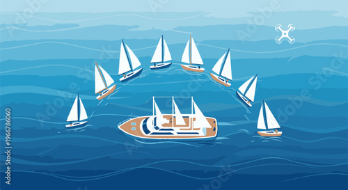 A fleet of sailboats navigates the blue ocean, with a drone overhead