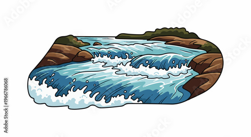 Stylized depiction of a churning river flowing around brown rocks with green foliage