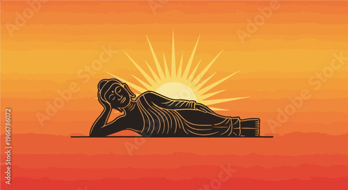 Reclining Buddha silhouette against a radiant, orange sunset sky