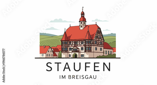 Historic European town hall with red roofs and rolling vineyards backdrop