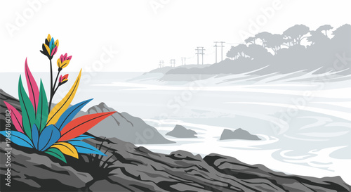 Coastal landscape with colorful foliage, rocky shore, misty water, and distant power lines