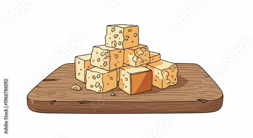 Stack of cheese cubes with holes on a wooden cutting board