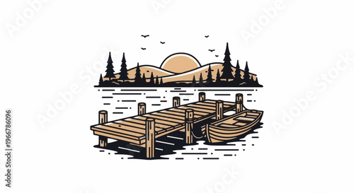 Scenic lake dock with moored boat and distant hills at sunset