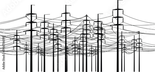 Abstract pattern of silhouetted utility poles and tangled power lines against a white background electricity