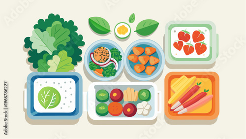 Healthy meal prep containers with fresh vegetables fruits and greens in colorful flat illustration top view