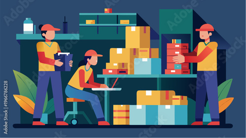 Warehouse workers packing boxes and managing shipments in storage facility flat illustration logistics concept