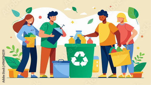 People sorting waste and recycling with bins and reusable items in eco friendly lifestyle flat illustration