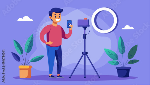 Smiling man recording video with smartphone on tripod and ring light in flat illustration indoor scene