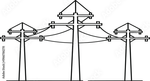 Simple line art illustration of three utility poles with wires and insulators against a white background