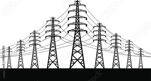 Silhouette of multiple high-voltage electricity pylons with complex wire arrangements against a white background