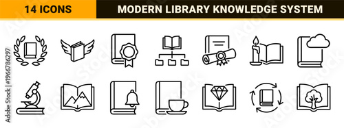 Minimalist monoline book icons featuring geometric line art for education, digital reading, and library management software interfaces.