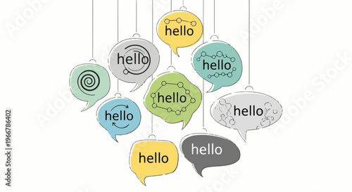 A cluster of colorful speech bubbles, each saying "hello," hang suspended