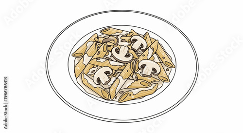 Creamy pasta with sliced mushrooms served on a white plate