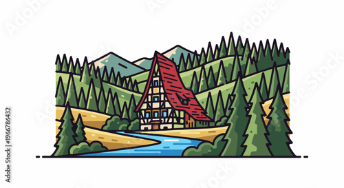 Stylized alpine cabin nestled amidst lush green forests and rolling hills