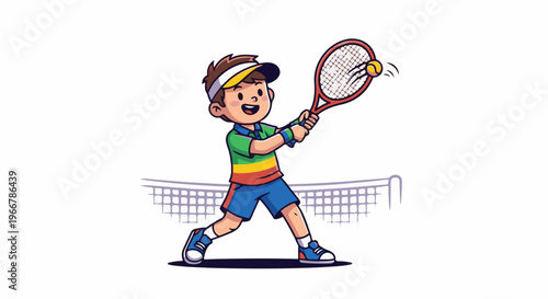 A cartoon boy swings a tennis racket, hitting a ball over a net