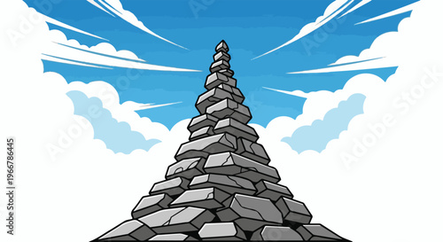 Stylized cairn of stacked stones against a blue sky with clouds