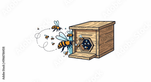 Cartoon bees buzzing around a wooden beehive with an open entrance
