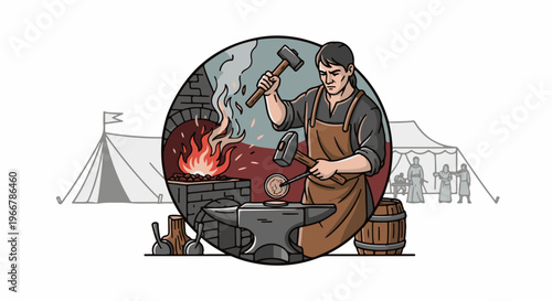 A blacksmith works at a forge outside a tented camp