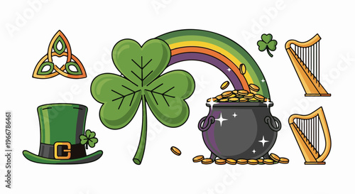 St. Patrick's Day icons lucky clover, pot of gold, rainbow, hat, and harps