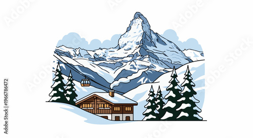 Cozy cabin nestled in snowy mountains with a ski lift ascending high above