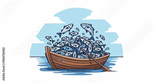 Boat overflowing with many leaping fish in the water under a sky