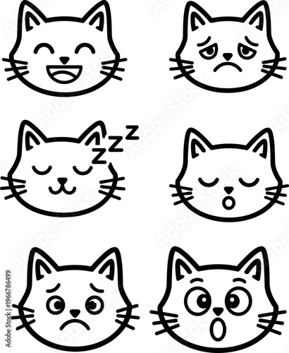 Cute Cat Face Expression Vector Icon Set, Cartoon Kawaii Kitten Emoji Clipart, Sign Up Button Symbol Outline Design Bundle