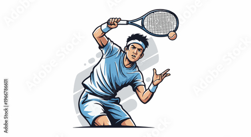 Athletic young man in blue outfit playing tennis, racket high