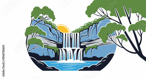 Stylized waterfall cascading into a pool framed by trees and rocks