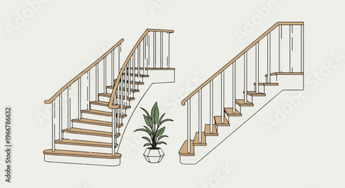 Architectural sketch of two wooden staircases with railings and a potted plant