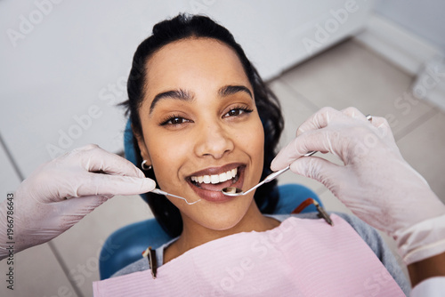 Obraz na płótnie Dentist, portrait and woman in clinic with exam, checkup tools or cavity assessment in oral care