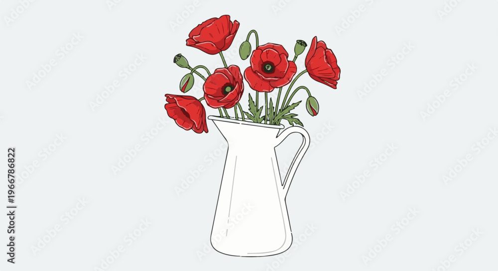Obraz premium A white pitcher brimming with vibrant red poppies and buds on a pale background